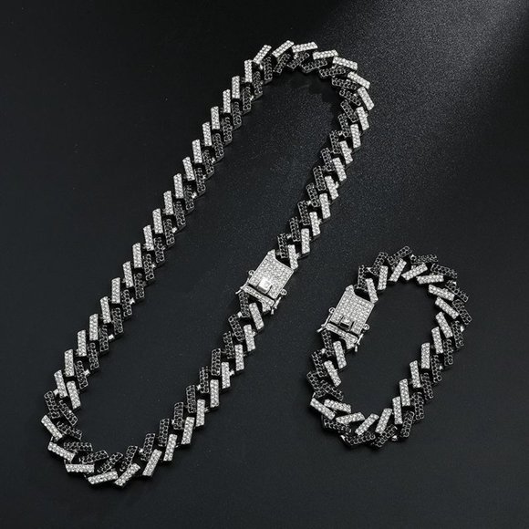 18K Gold Plated Iced Out CZ Crystal Cuban Link Chain with Bracelet SET - Picture 5 of 7